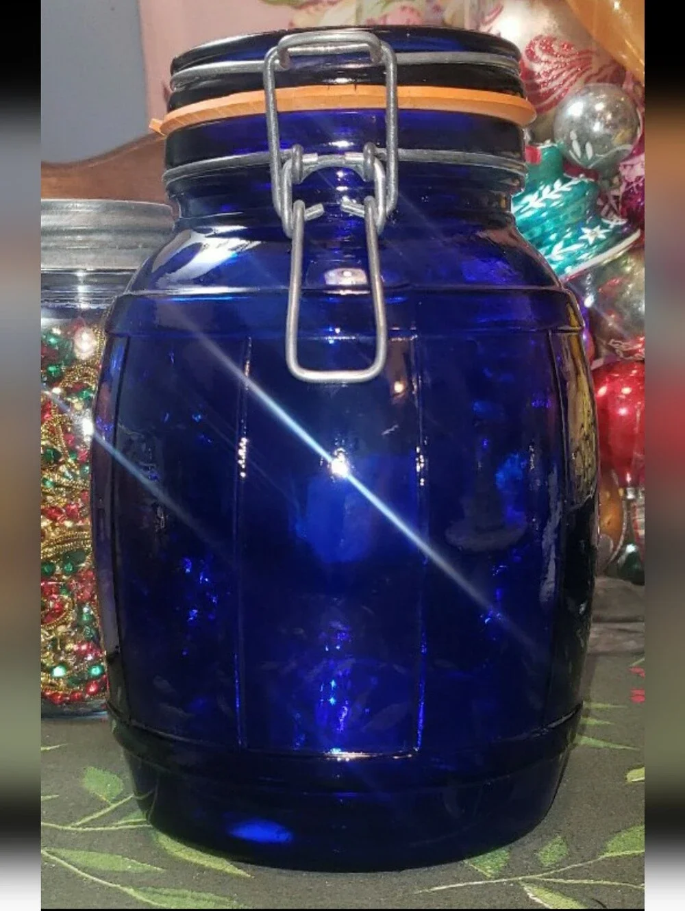 Vintage Barrel Shaped Cobalt Blue Wire Bail Top Glass Jar